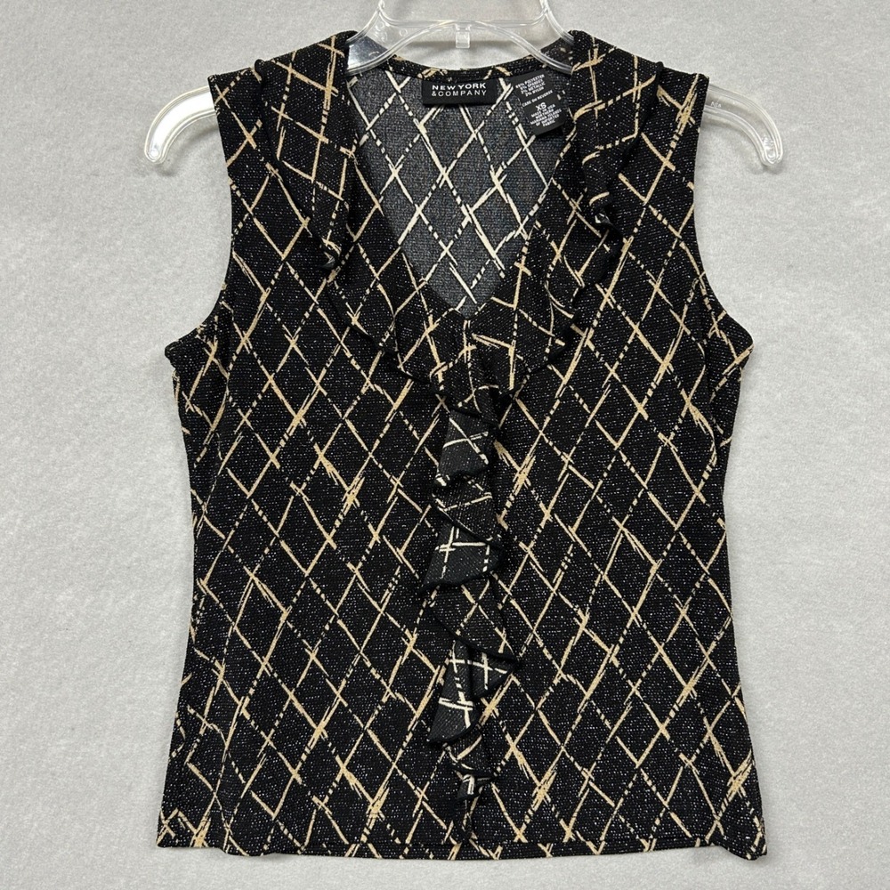 New York & Company Women XS Tank Top Black Ruffle V-Neck Vintage 90s Y2K Sparkle